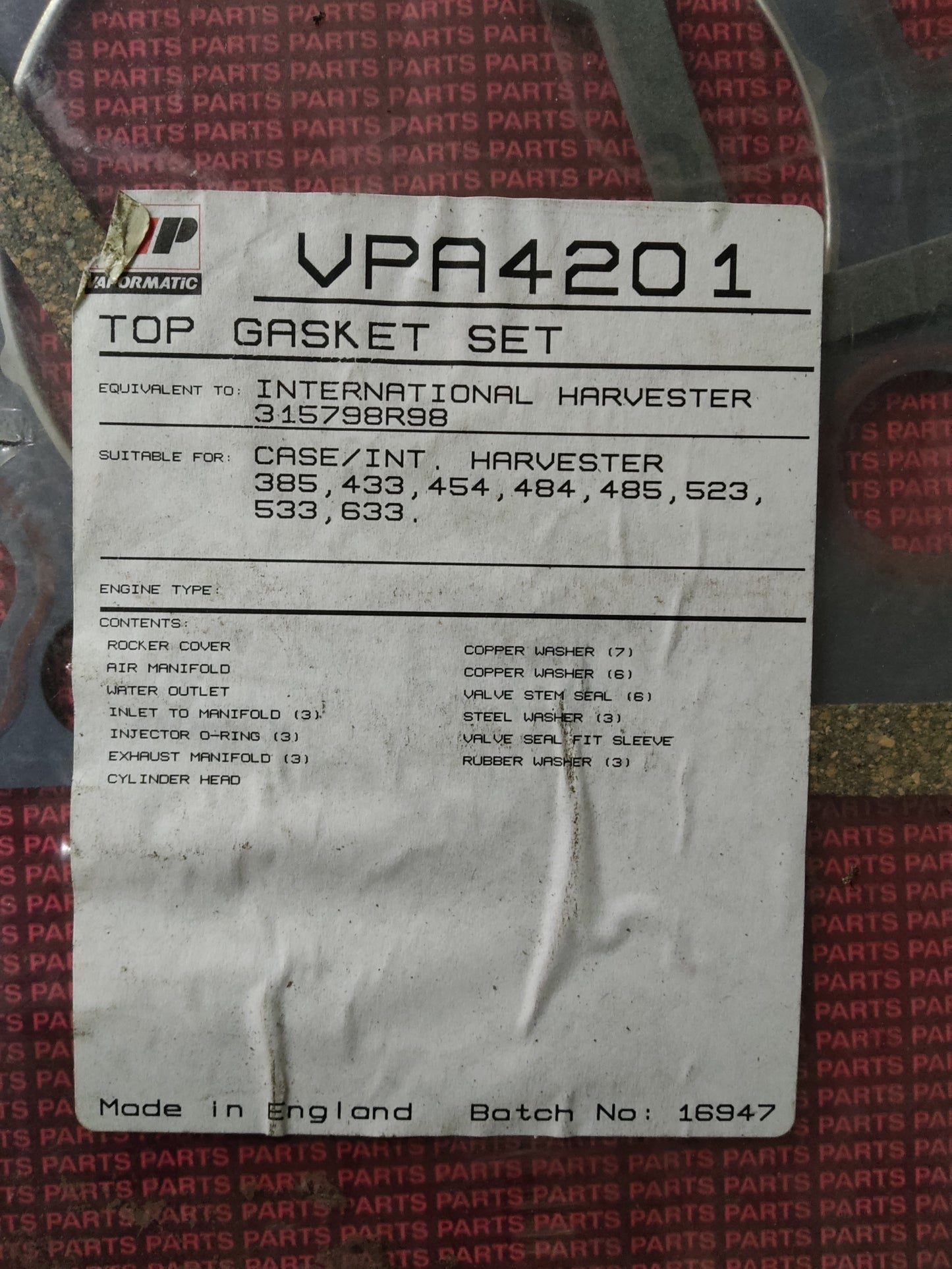 Case International D155, D179 Top Gasket Set