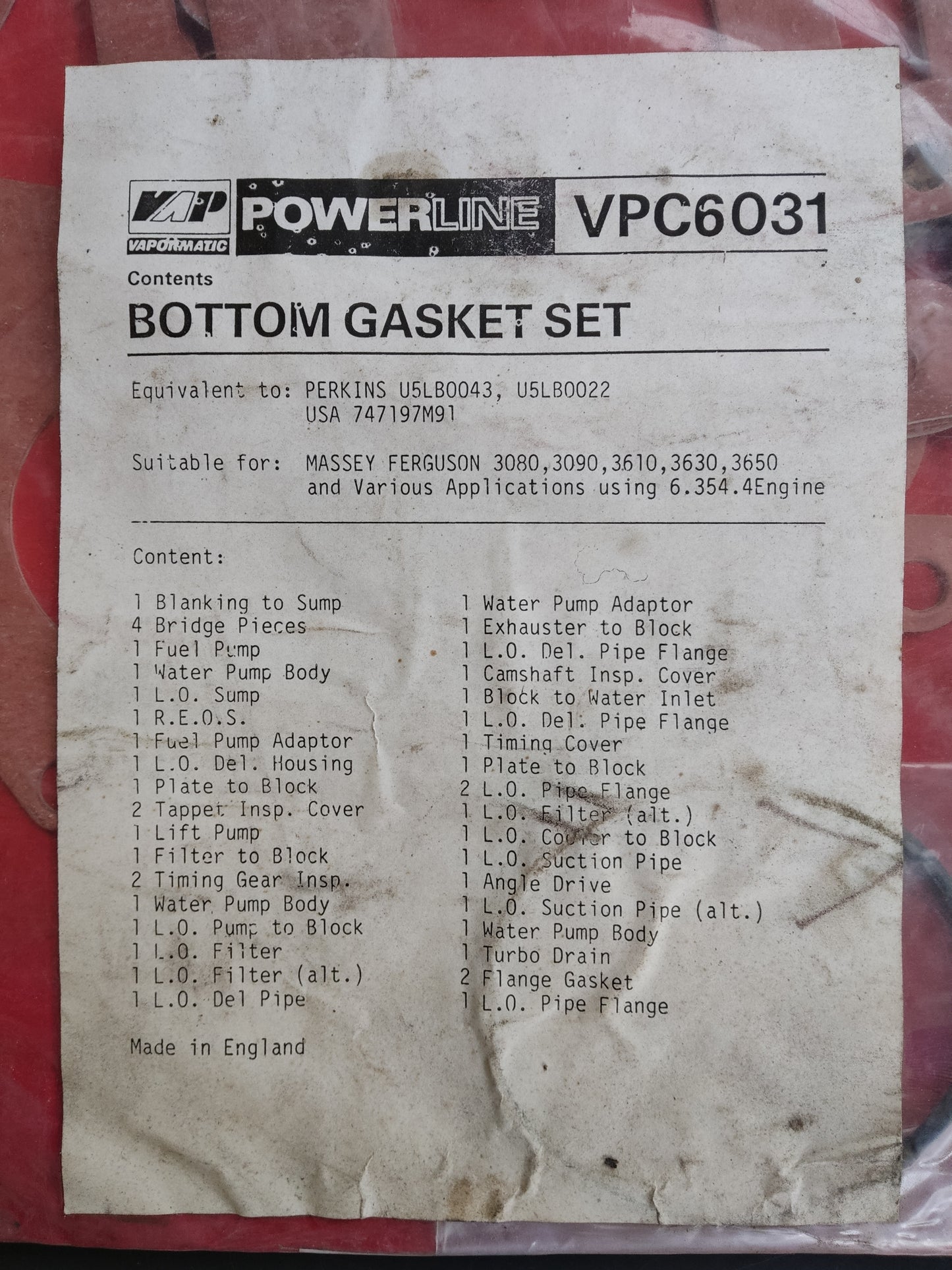 Perkins A6.354.4 Bottom Gasket Set