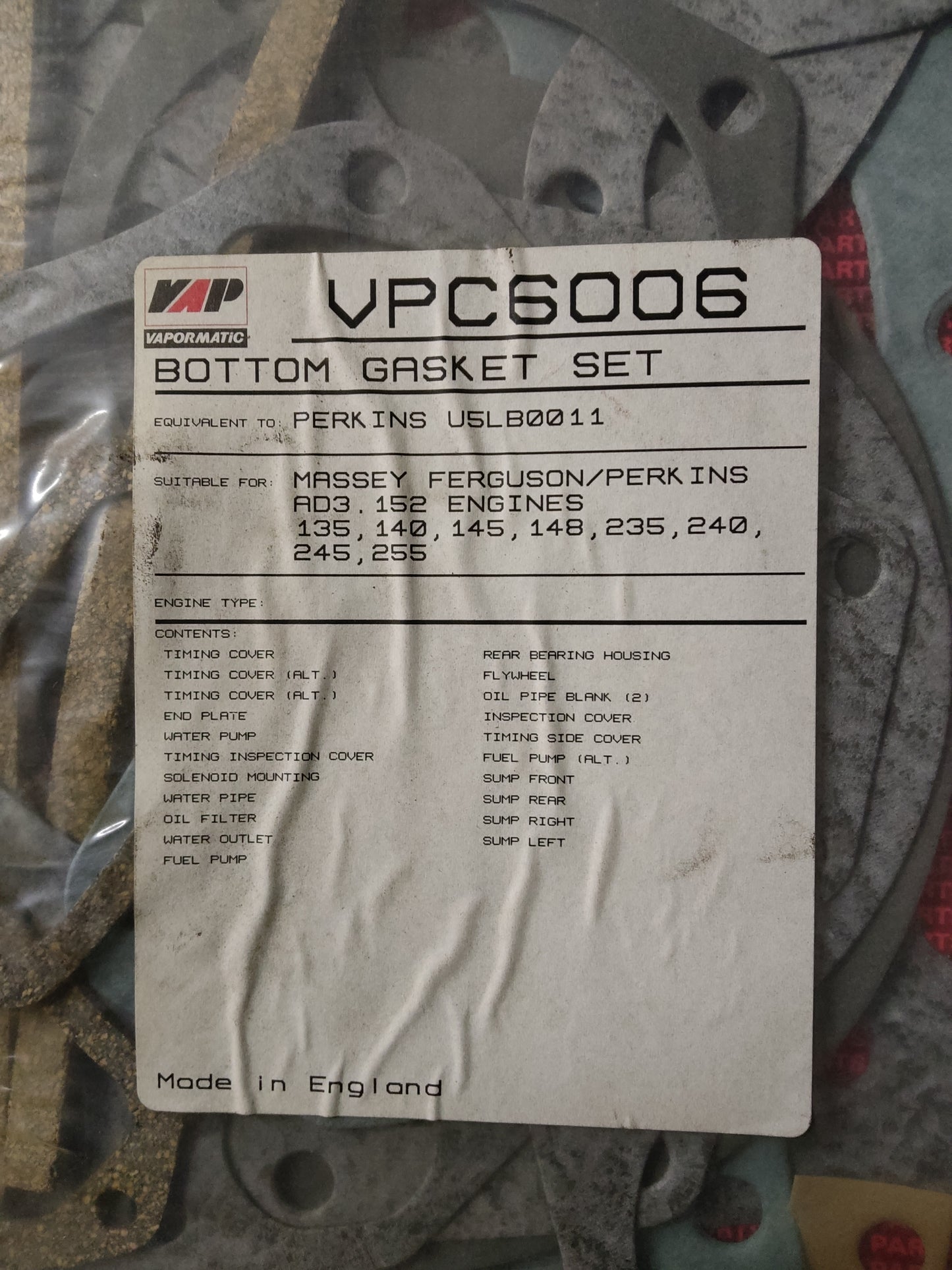 Massey Ferguson 135, 240 Perkins AD3.152 Bottom Gasket Set